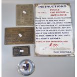 Vintage enamelled sign, from a telephone box, 'Instructions to call Police, Fire Brigade or