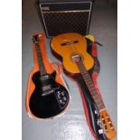 1970s Avon Rose Morris Japan black electric guitar in soft case, a Sevilla BM six string acoustic