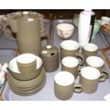 Vintage Denby coffee set in brown ceramic: coffee pot, five coffee cups and six saucers, milk jug,