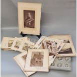 Shoe box of Dr Syntax unframed coloured prints together with other etchings, postcards