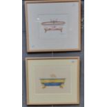 Continental school, studies of decorative baths, coloured prints. A pair. 18x23cm approx. Framed and