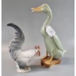 Chinese porcelain model of a duck, together with a Royal Copenhagen porcelain rooster, shape no.