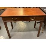 19th century mahogany single draw side table on moulded and chamfered legs with associate glass top.