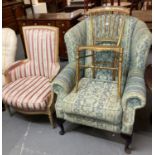 French style upholstered high back armchair on fluted legs together with another early 20th