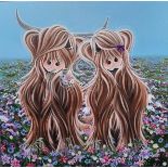 After J Hogwood, highland cattle in a field of flowers, coloured print on canvas. 76x76cm approx.