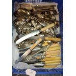 Box of assorted cutlery, some silver plate, some Mappin & Webb, stainless steel knives stamped '