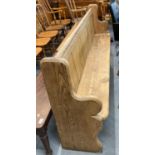 Late 19th early 20th century pitch pine church pew. Length 210cm approx. (B.P. 21% + VAT)