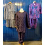 Three vintage ladies outfits to include: a purple floral brocade tunic with gold trim with