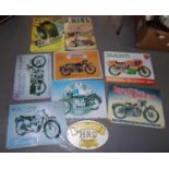 Two cases, one containing vintage and reproduction motorbike signs: 'Harley Davidson', 'Aerial', '