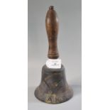 WWII period ARP warden's brass hand bell with turned wooden handle. Damaged. (B.P. 21% + VAT)