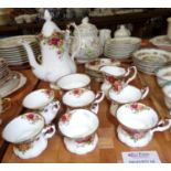 Tray of Royal Albert 'Old Country Roses' coffee ware: six coffee cups and saucers, coffee pot, sugar