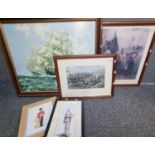 Group of assorted maritime and military furnishing prints, various including: clipper ships,