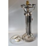Late 19th early 20th century silver plated triple column oil burner lamp base now converted to