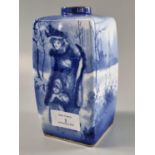 Royal Doulton blue and white transfer printed square section vase of a woman sheltering her young