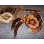 Box of vintage fur accessories: fur stole with matching beret (reddish hues) and