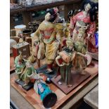 Tray of oriental doll figures, to include: Thai dancing couples, Japanese Geisha girls with fabric