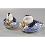 Pair of Royal Crown Derby English fine bone china paperweights in the form of two ducks, both with