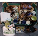 Box of assorted china to include: copper lustre dresser jugs, Lord Kitchener Staffordshire