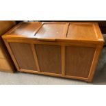 Modern teak and pine blanket box with moulded and fielded panels. 120cm long approx. (B.P. 21% +