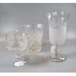 Victorian foliate etched celery glass, together with a hob nail cut brandy balloon glass and glass