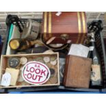 Box of oddments, to include: vintage B.R. look out enamel sign, various coins and bank notes, desk