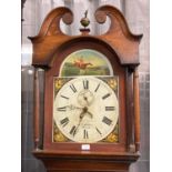 19th century Welsh oak 30 hour long case clock, the painted face with equestrian scene marked '
