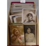 Shoe box of postcards; actresses, pretty ladies, some Royalty etc. 100s. (B.P. 21% + VAT)