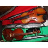 Two violins, somewhat distressed, in time worn cases, one marked 'Blessing', the other un-marked. (