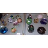 Two trays of glass paperweights: Millefiori, bubble pattern, anemone, Dina cone shaped