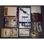 Assorted cased cutlery: ornately chased silver plated fish knives and forks, silver plated soup