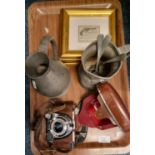 Tray of items to include: 19th century conical pewter pint jug by W. G. Edmonds of Dublin,