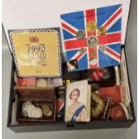 Box of assorted items, to include: coins, medals ,penknives, Queen Elizabeth II book of Common