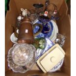 Box of assorted china, glass and metalware: copper plated coffee pot with brass handle, spout and