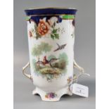 Royal Doulton bone china 1057 two handled cylinder vase decorated with floral designs of vignettes