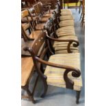 Set of six regency mahogany dining chairs with inset top rails and rithen bars, stuff over seats