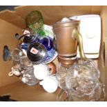 Box of assorted china, glass and metalware: copper plated coffee pot with brass handle, spout and