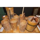 Vintage wooden picnic set with jug and six beakers, small ice bucket and tongs. (B.P. 21% + VAT)