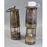 Original brass miner's safety lamp, together with another similar by the 'Protector lamp and