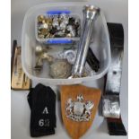 Box of assorted police badges, insignia, crests, helmet plates, mainly of a Welsh interest etc. Also