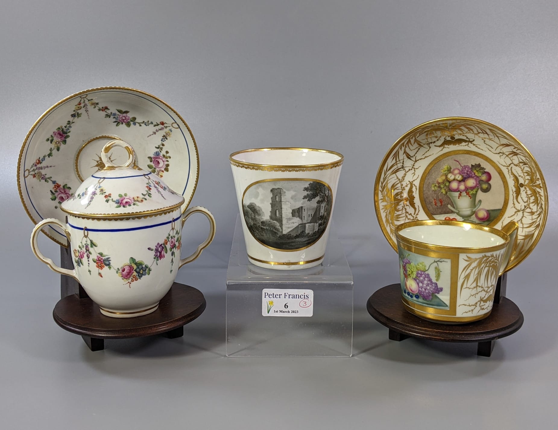 Collection of 19th Century Derby porcelain items to include: two handled chocolate lidded cup on