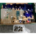 Box of vintage bottles: Bristol blue medicine bottles, ink bottles, Woodward Chemists Nottingham