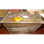 Military ammunitions box labelled 'UK Military Explosive 1.4C capacity 20 cart ERU201MK in