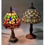 Two small Tiffany style mushroom shaped table lamps with leaded shades. 37cm high approx. (2) (B.