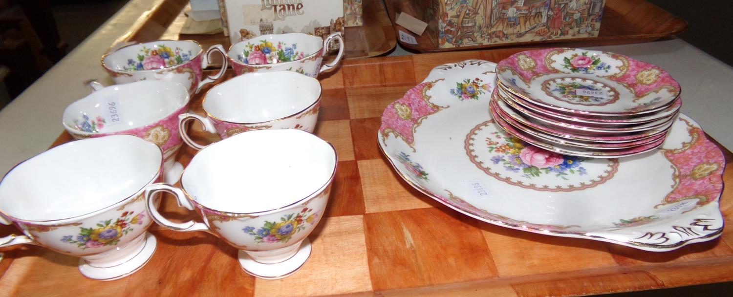 Tray of Royal Albert 'Lady Carlysle' part tea ware: six teacups and saucers and a sandwich plate. (