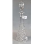 Cut glass conical decanter and stopper with slice and hob nail cut decoration. 38cm high approx. (