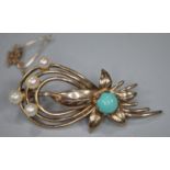 9ct gold seed pearl and stone set brooch. 4.4g approx. (B.P. 21% + VAT)