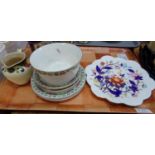 Tray of assorted items: pewter Art Nouveau dish, flower shaped Wileman Foley 'Imari' style plate,