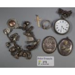 silver charm bracelet, 9ct gold cross pendant, silver fob watch etc. (B.P. 21% + VAT)