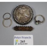 Victorian silver crown in brooch frame together with a gold ring other silver items. (B.P. 21% +
