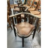 Set of four unusual Arts & Crafts design corner elbow chairs with Art Nouveau style pierced